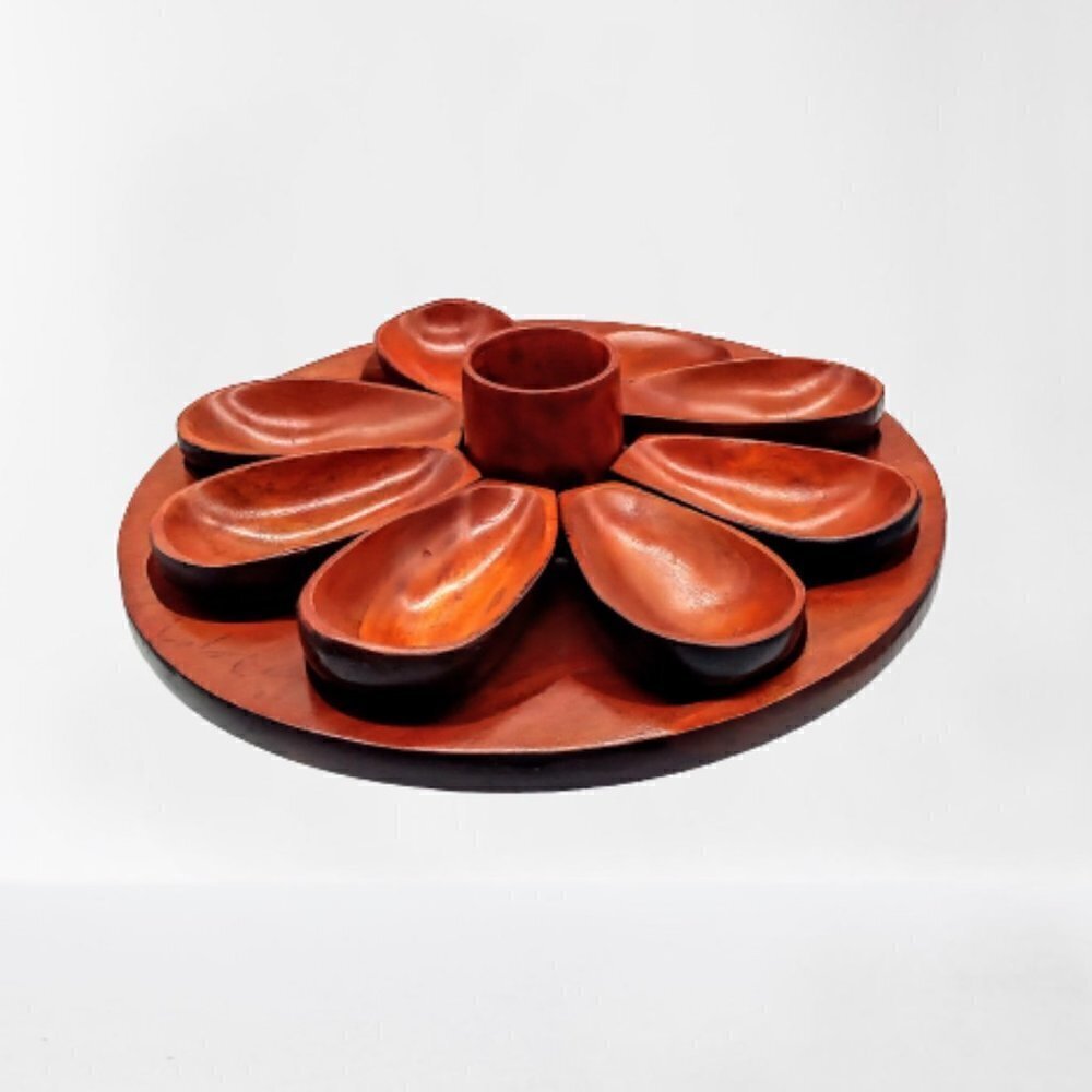 Handmade Footed Wood  Round Lazy Susan Tray & Serving Cups